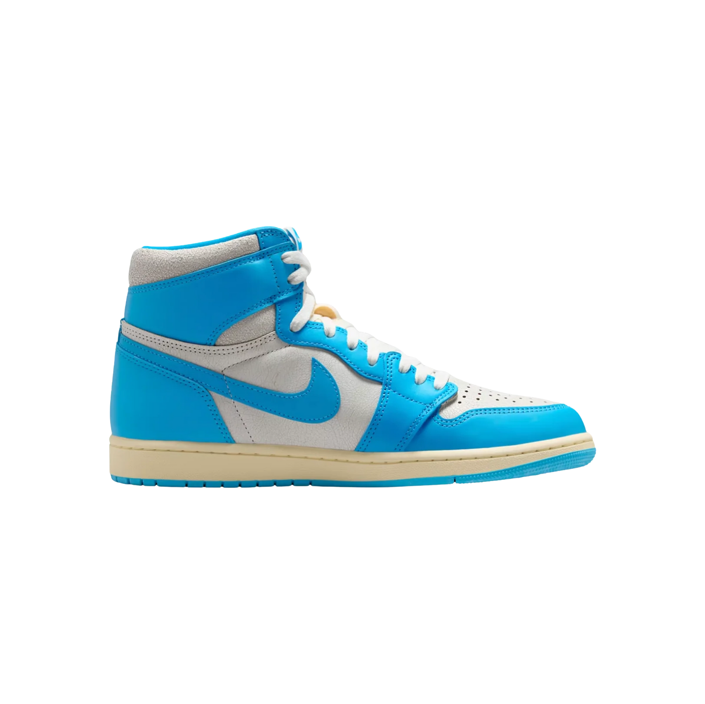 Jordan 1 High OG UNC Reimagined – Seitenansicht Retro-Sneaker aus Premium-Leder in Blau und Weiß mit Gummisohle