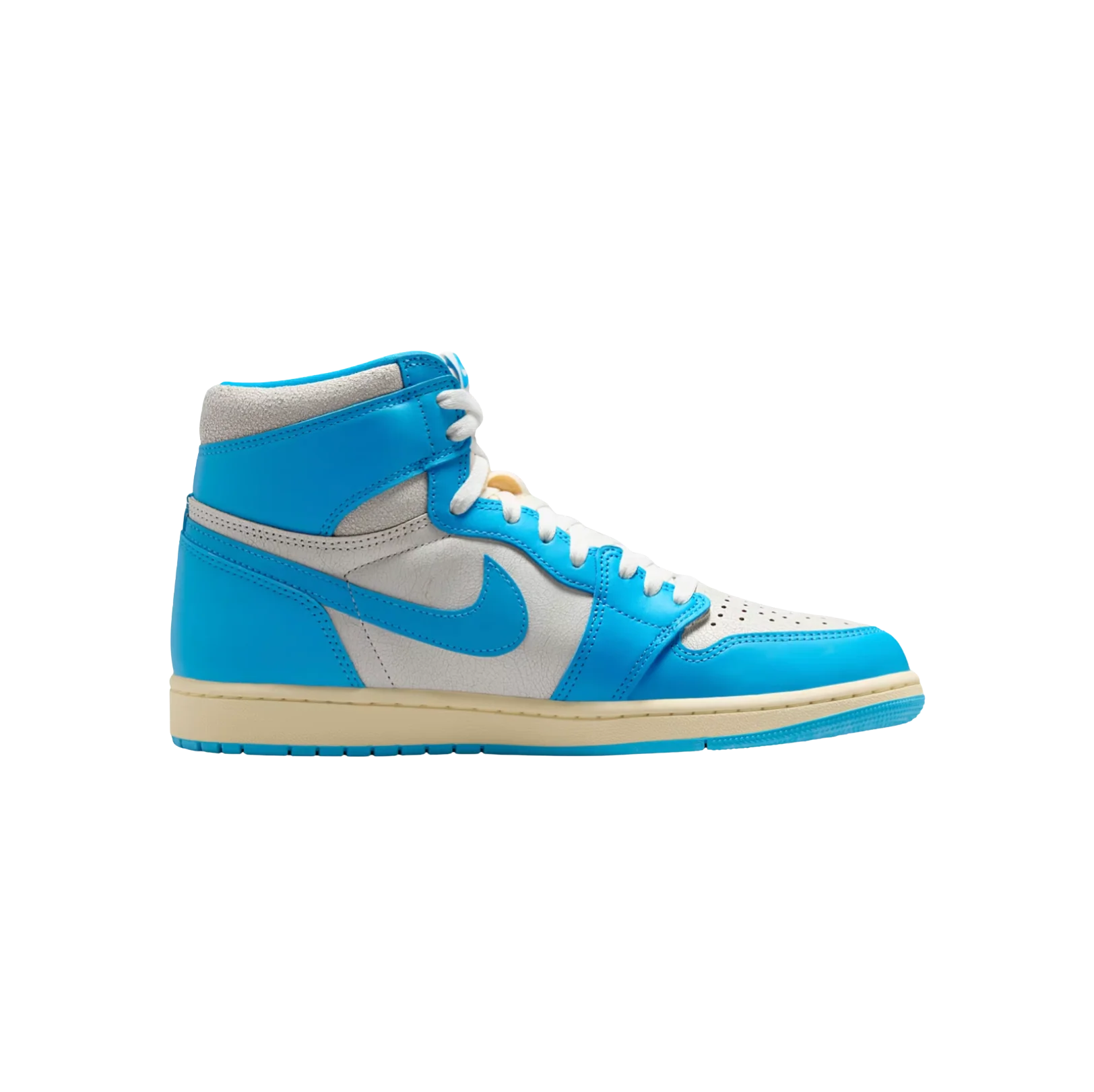 Jordan 1 High OG UNC Reimagined – Seitenansicht Retro-Sneaker aus Premium-Leder in Blau und Weiß mit Gummisohle