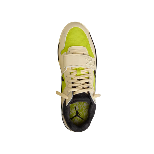 Jordan 1 Travis Scott Bright Cactus – Draufsicht in Bright Cactus mit schwarzem Swoosh und cremefarbenen Overlays