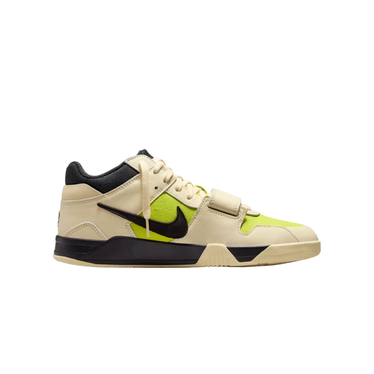 Jordan 1 Travis Scott Bright Cactus – Seitenansicht aus Canvas und Leder mit umgekehrtem Swoosh und Gummiaußensohle