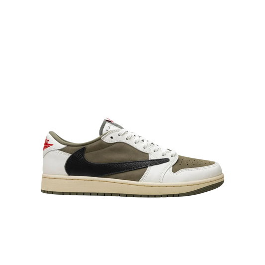 Jordan 1 Travis Scott Medium Olive – Seitenansicht Low-Top Sneaker aus Leder & Wildleder mit umgekehrtem Swoosh und Gummisohle