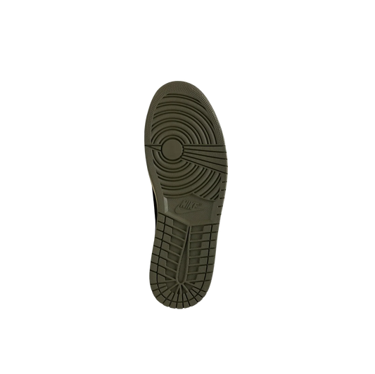 ordan 1 Travis Scott Medium Olive – Ansicht der Gummisohle mit Nike Logo und rutschfestem Profil