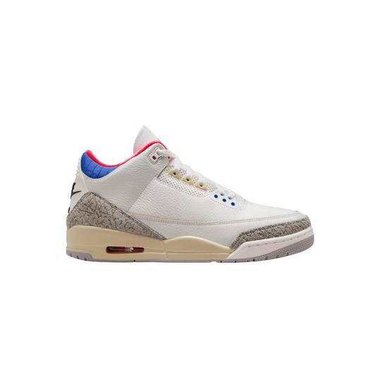 Jordan 3 Retro Seoul 2.0 – Seitenansicht des weißen Ledersneakers mit Elephant Print und beiger Sohle