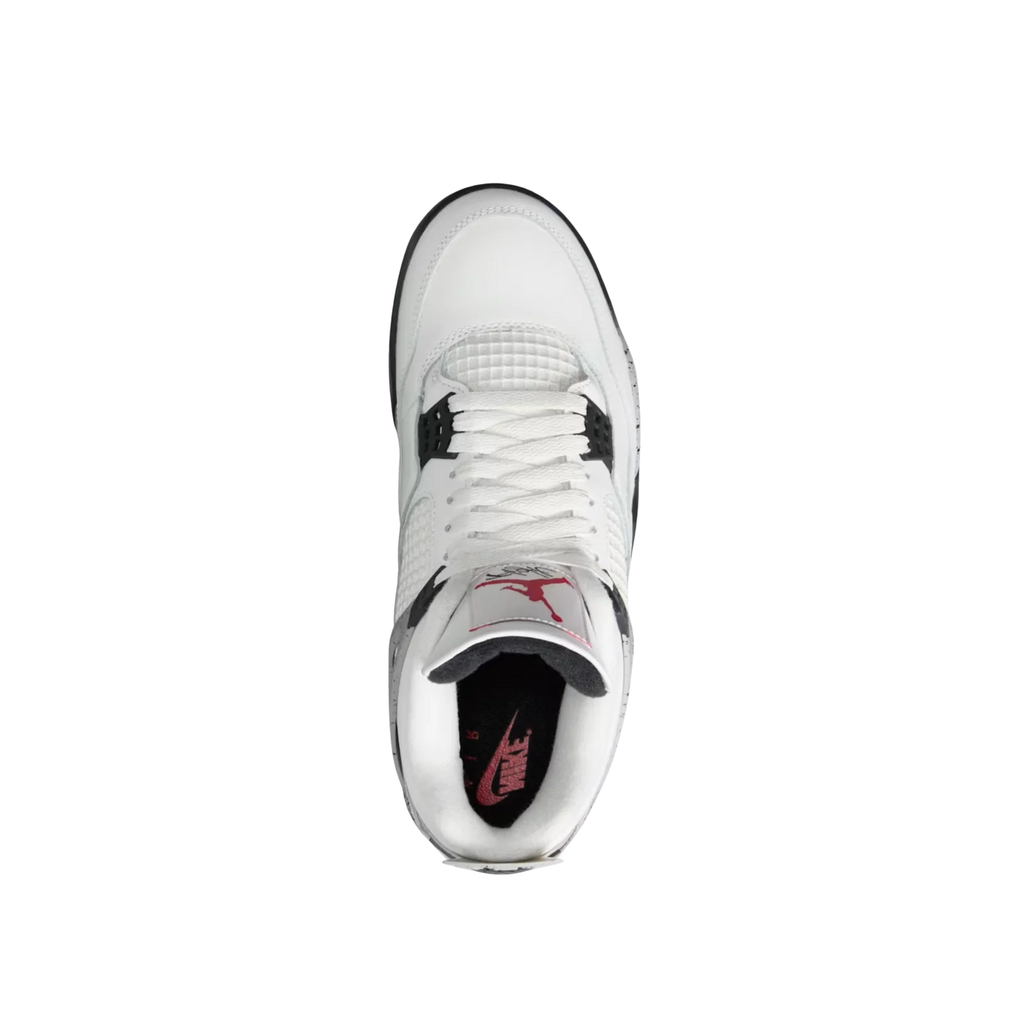 ordan 4 OG White Cement – Oberansicht mit weißer Schnürung, rotem Jumpman auf der Zunge und schwarzer Innenpolsterung