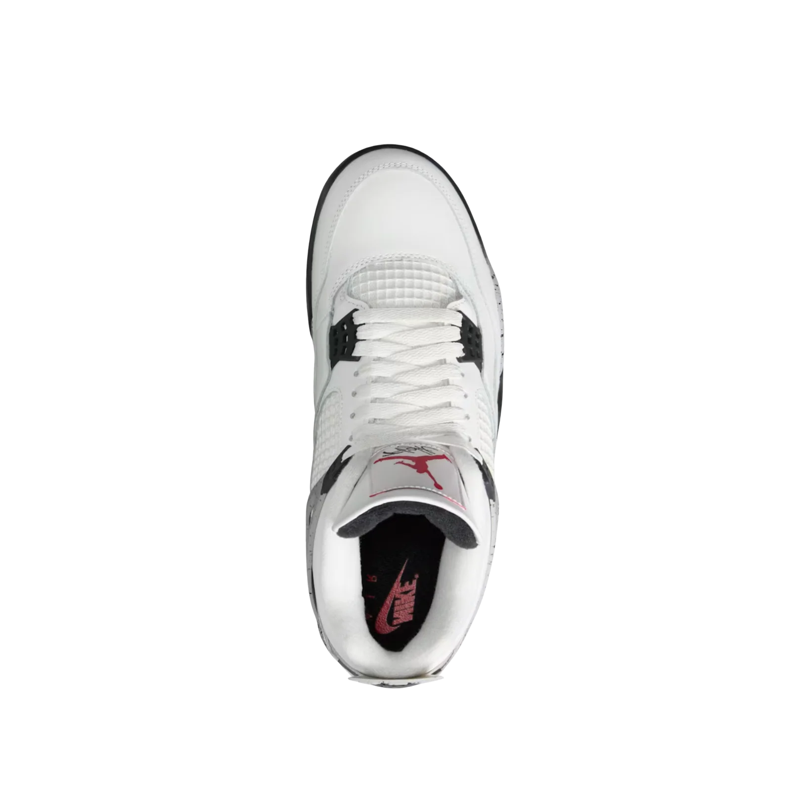 ordan 4 OG White Cement – Oberansicht mit weißer Schnürung, rotem Jumpman auf der Zunge und schwarzer Innenpolsterung