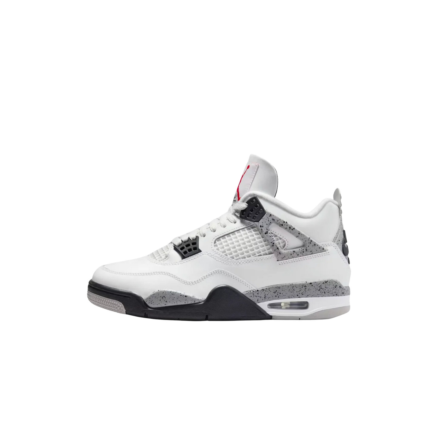 Jordan 4 OG White Cement – Innenseite Retro-Sneaker aus weißem Leder mit gesprenkelter Zwischensohle und Nike Air Logo an der Ferse