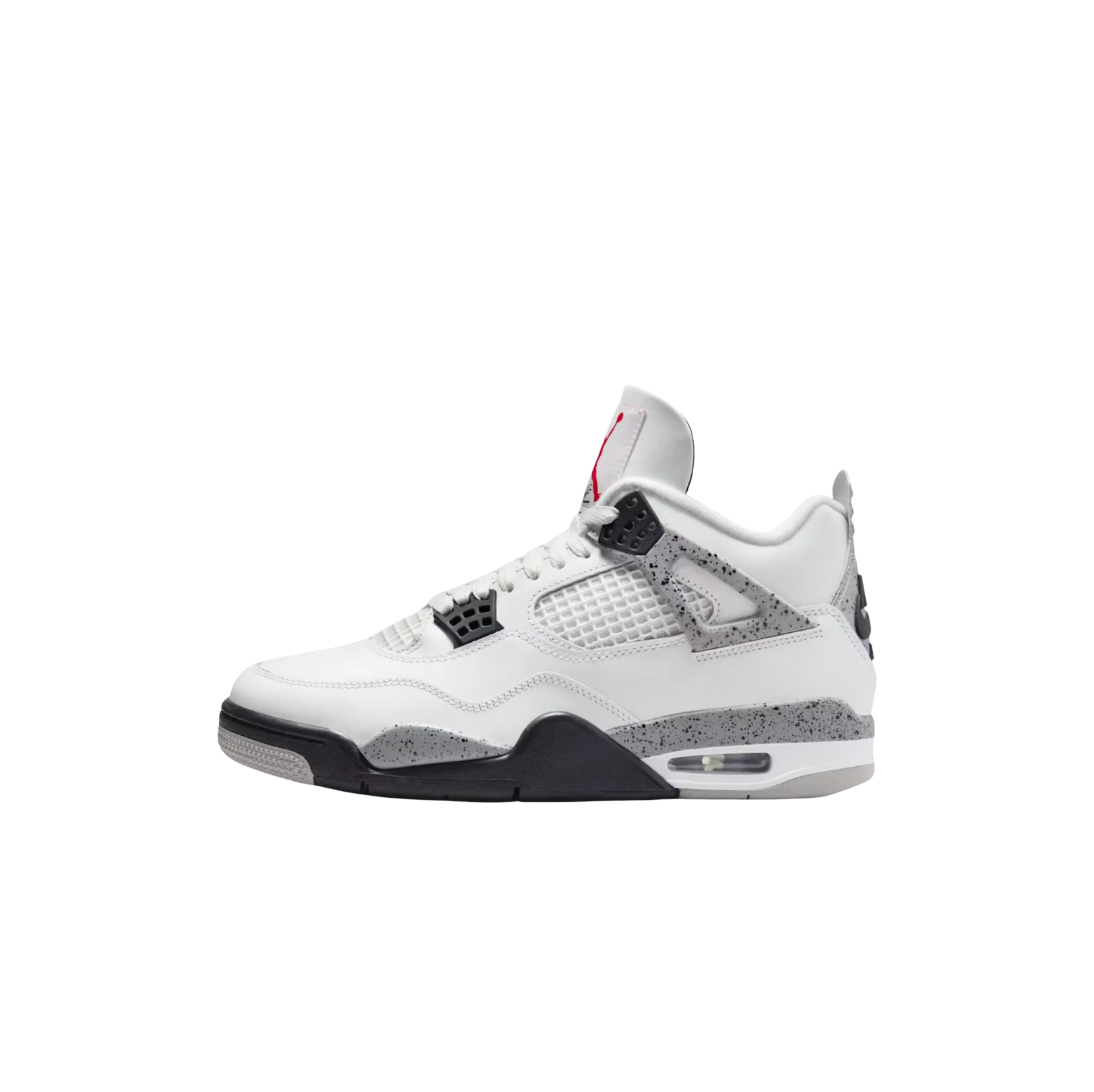 Jordan 4 OG White Cement – Innenseite Retro-Sneaker aus weißem Leder mit gesprenkelter Zwischensohle und Nike Air Logo an der Ferse