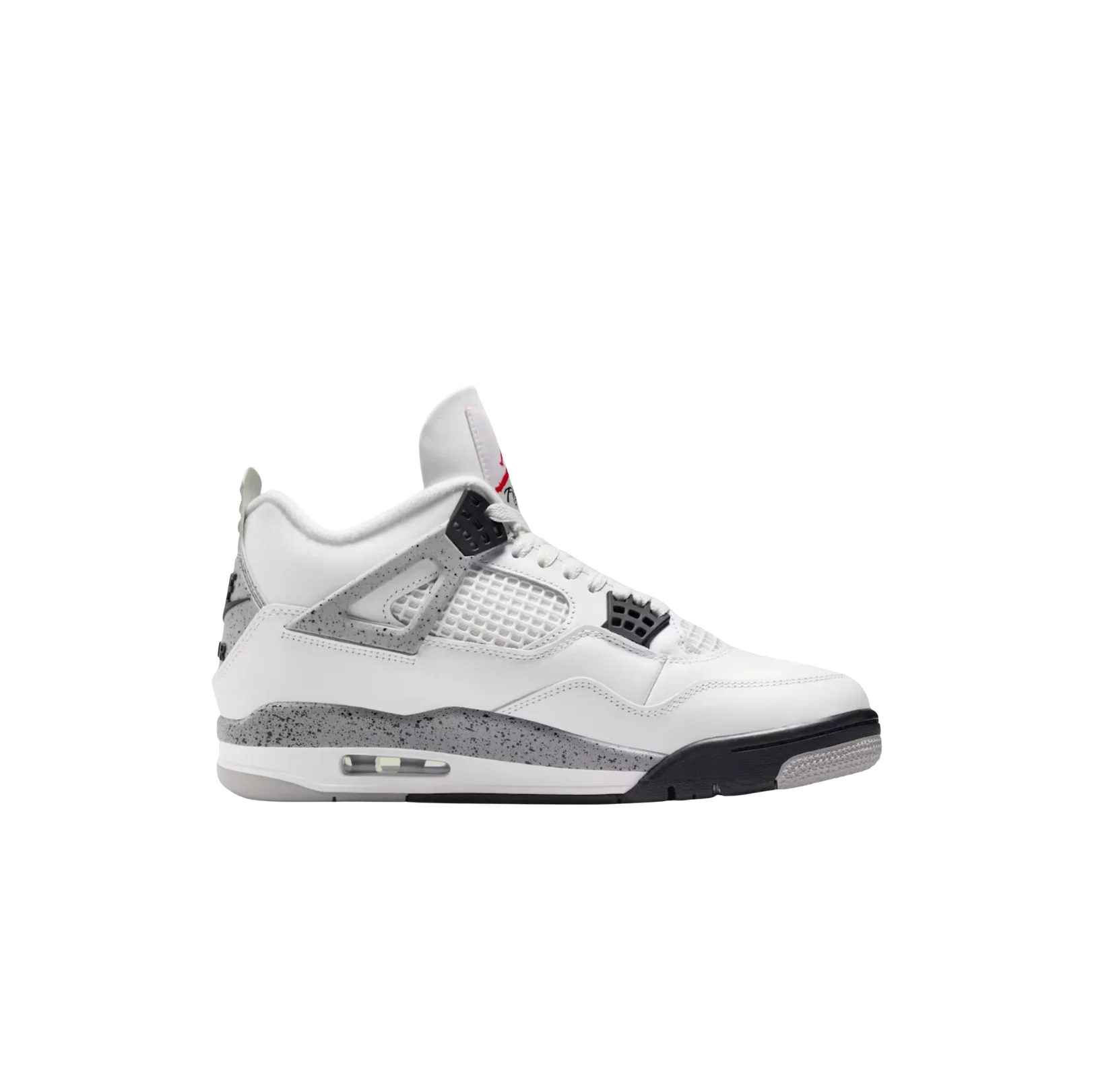 Jordan 4 OG White Cement – Seitenansicht Retro-Sneaker aus weißem Leder mit gesprenkelten Cement Grey Flügeln und sichtbarer Air Dämpfung