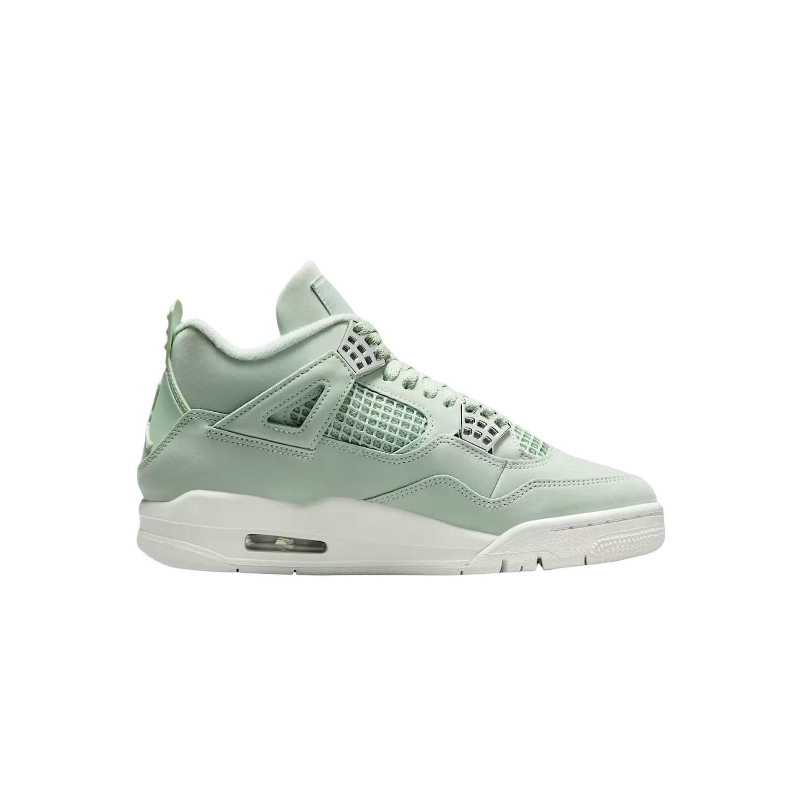 Jordan 4 Retro Seafoam – Seitenansicht aus beschichtetem Leder mit AJ4-Cage und weißer Gummisohle