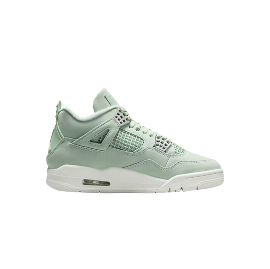 Jordan 4 Retro Seafoam – Seitenansicht aus beschichtetem Leder mit AJ4-Cage und weißer Gummisohle
