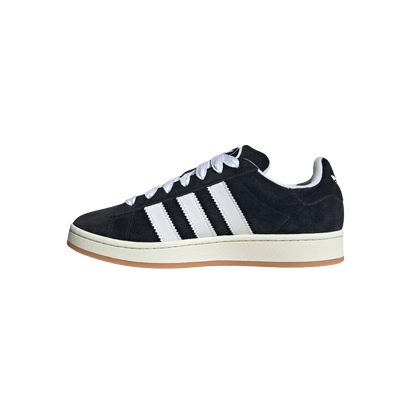 Adidas Campus Core Black – gegenüberliegende Seitenansicht der Retro-Sneaker aus schwarzem Premiumleder mit weißen 3-Streifen