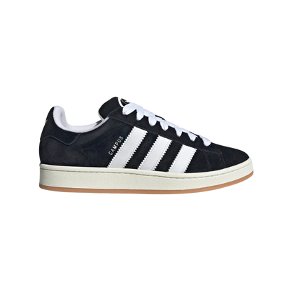 Adidas Campus Core Black – Seitenansicht der Retro-Sneaker aus Premiumleder mit weißen 3-Streifen und Off-White-Sohle