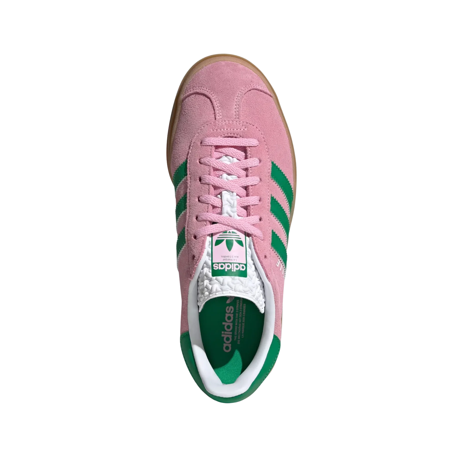 Adidas Gazelle Bold True Pink – Draufsicht der Retro-Damen-Plateausneaker aus Wildleder mit grünen Streifen und Plateausohle aus Gummi