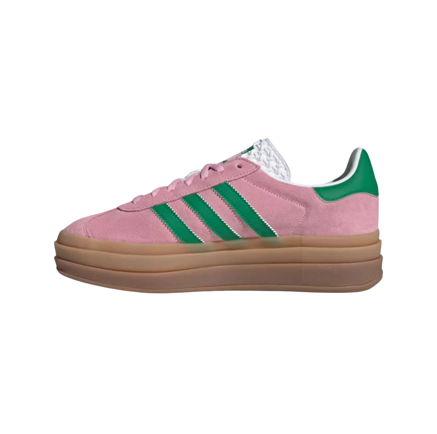 Adidas Gazelle Bold True Pink – gegenüberliegende Seitenansicht der Retro-Damen-Plateausneaker aus Wildleder mit grünen Streifen und Plateausohle aus Gummi