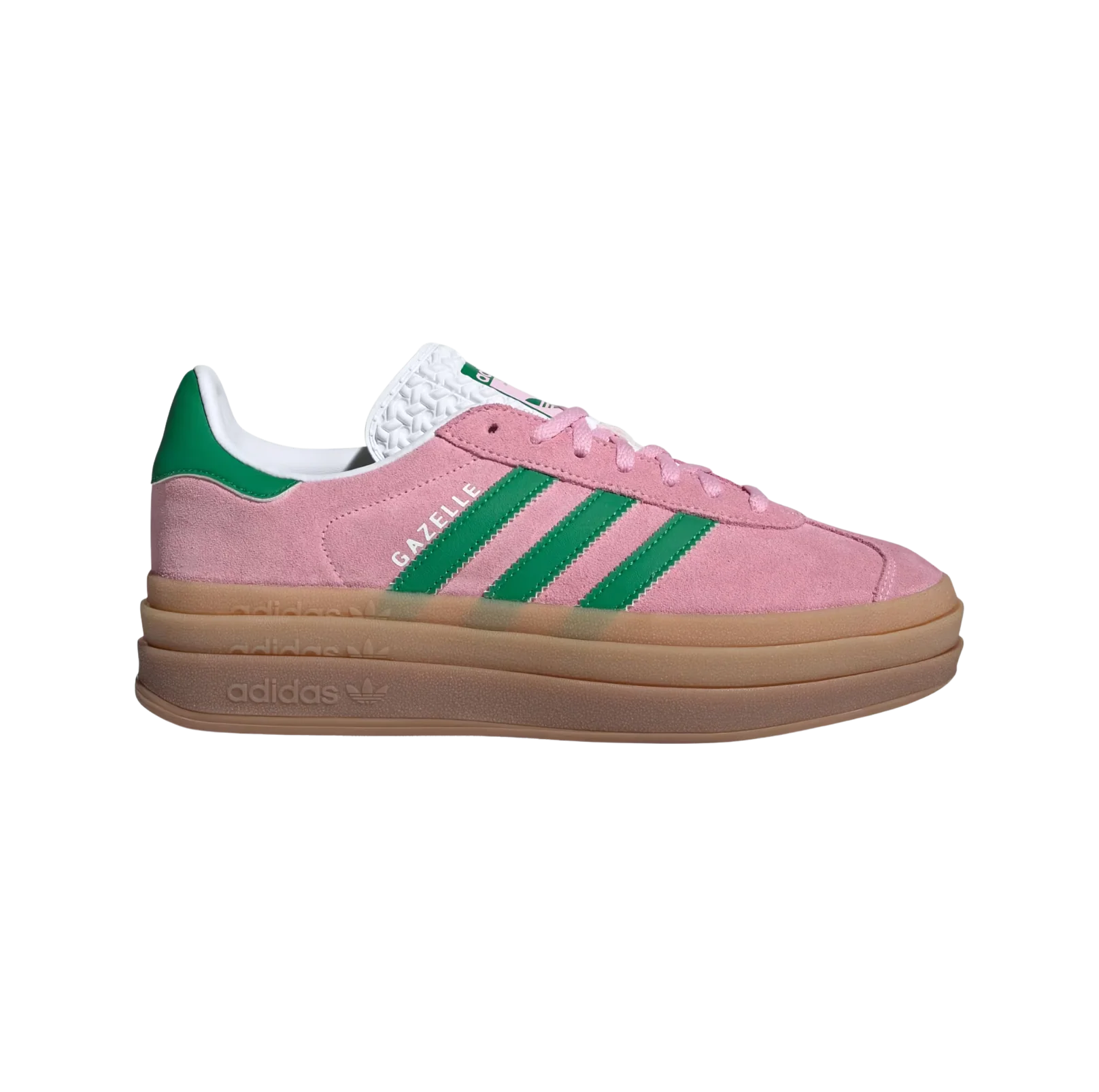 Adidas Gazelle Bold True Pink – Seitenansicht der Retro-Damen-Plateausneaker aus Wildleder mit grünen Streifen und Plateausohle aus Gummi