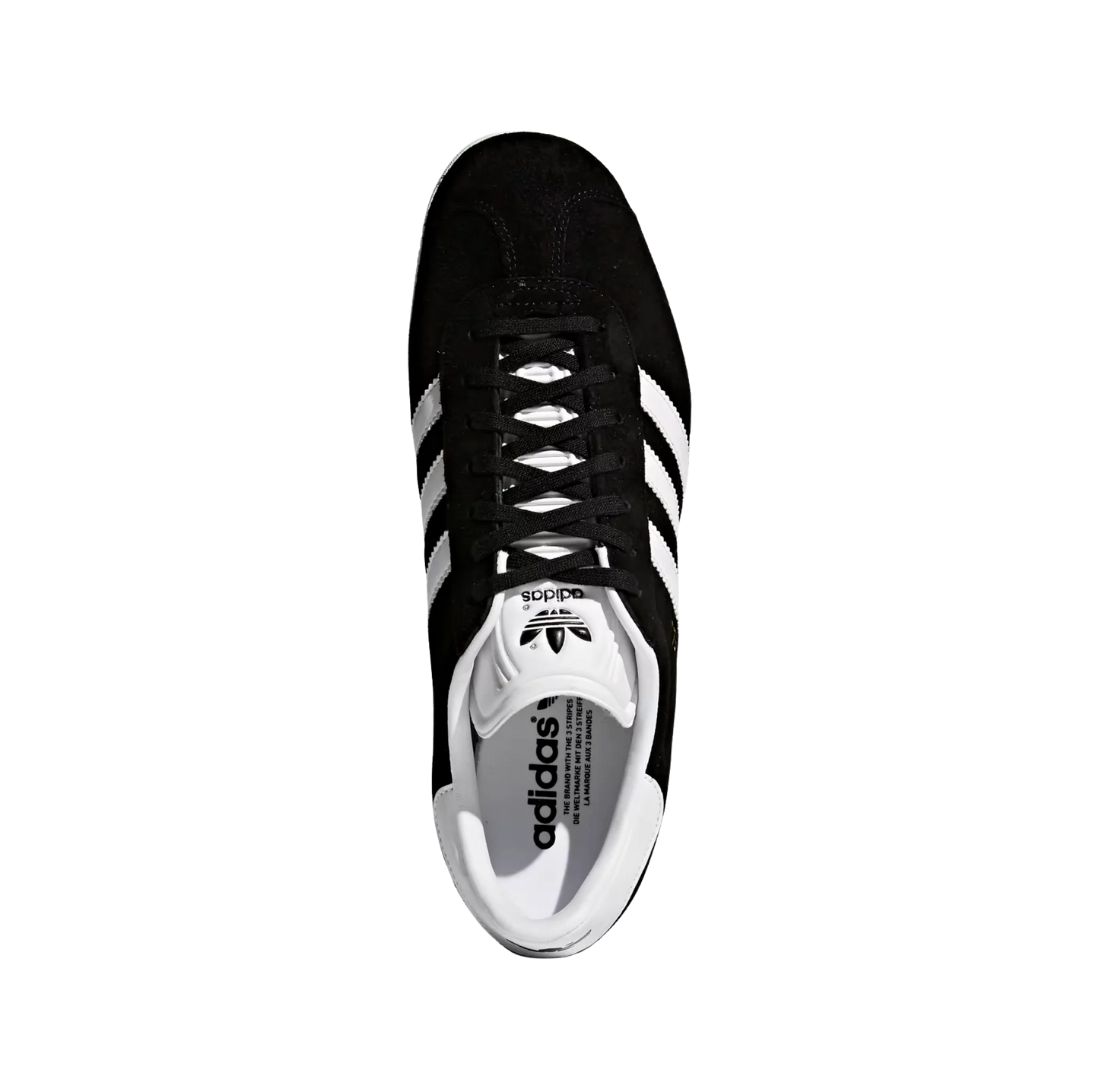 Adidas Gazelle Core Black – Draufsicht der Retro-Unisex-Sneaker aus Nubukleder mit Gummisohle und weißen Streifen