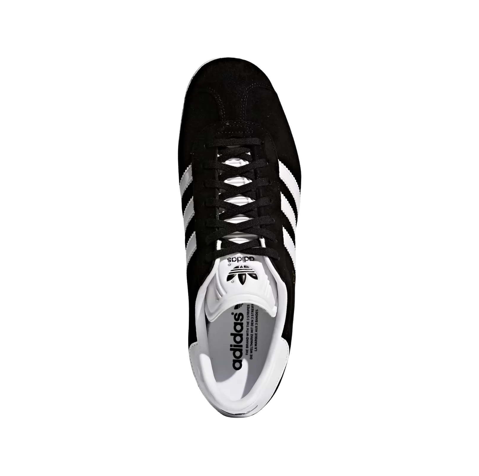 Adidas Gazelle Core Black – Draufsicht der Retro-Unisex-Sneaker aus Nubukleder mit Gummisohle und weißen Streifen