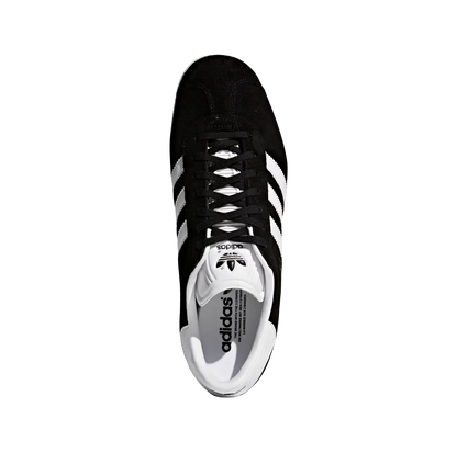 Adidas Gazelle Core Black – Draufsicht der Retro-Unisex-Sneaker aus Nubukleder mit Gummisohle und weißen Streifen
