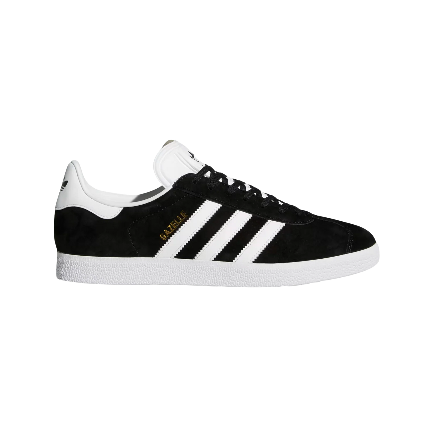 Adidas Gazelle Core Black – Seitenansicht der Retro-Unisex-Sneaker aus Nubukleder mit Gummisohle und weißen Streifen