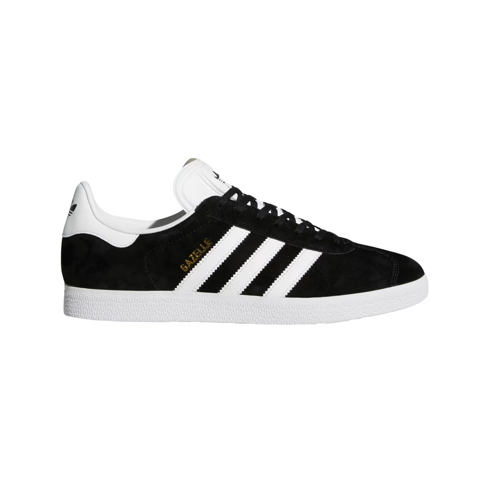 Adidas Gazelle Core Black – Seitenansicht der Retro-Unisex-Sneaker aus Nubukleder mit Gummisohle und weißen Streifen
