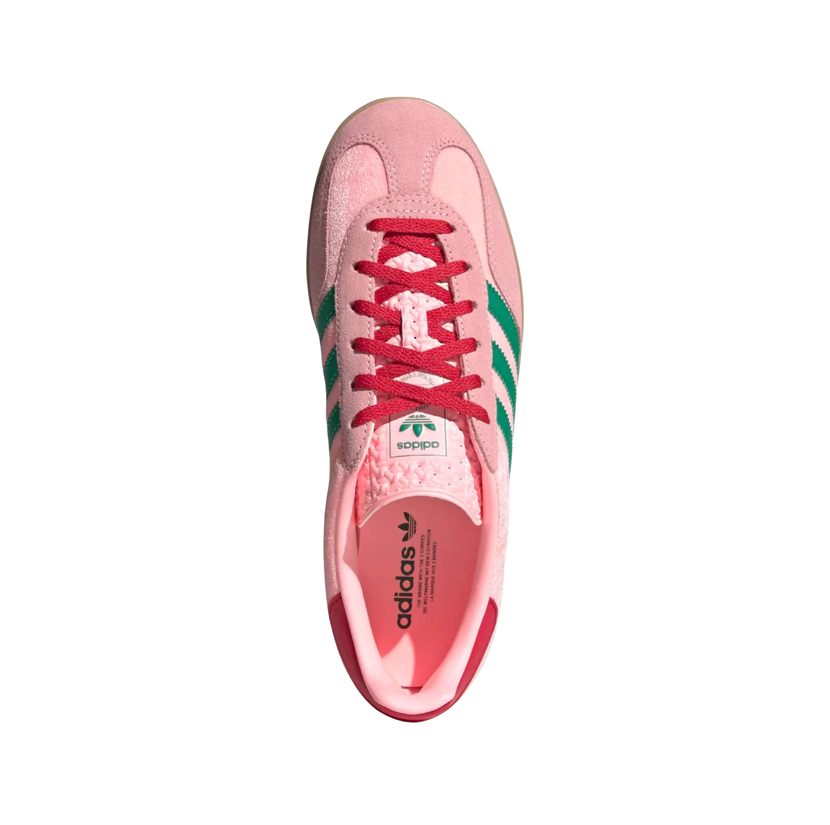 Adidas Gazelle Indoor Glow Pink – Draufsicht der Retro-Damen-Sneaker aus Velours mit Wildleder-Overlays, Gummisohle und grünen Streifen