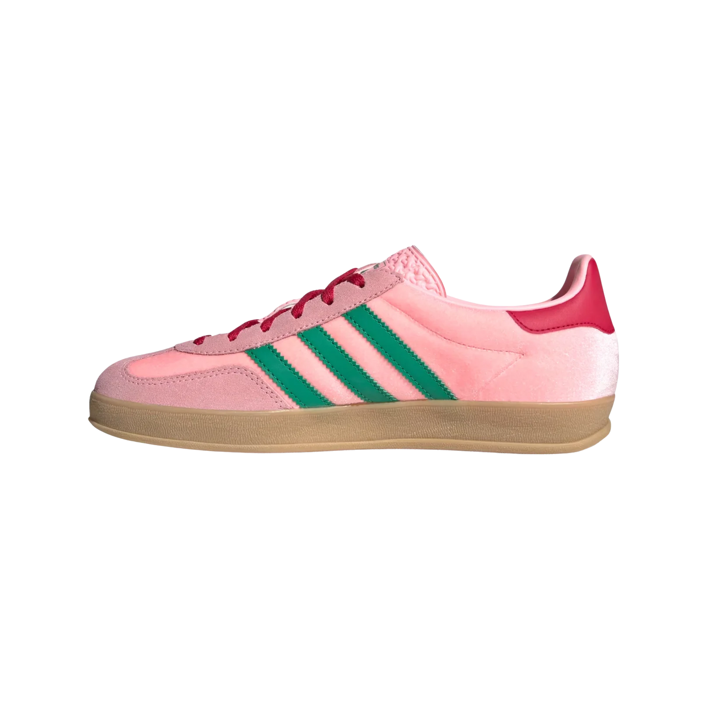 Adidas Gazelle Indoor Glow Pink – gegenüberliegende Seitenansicht der Retro-Damen-Sneaker aus Velours mit Wildleder-Overlays, Gummisohle und grünen Streifen