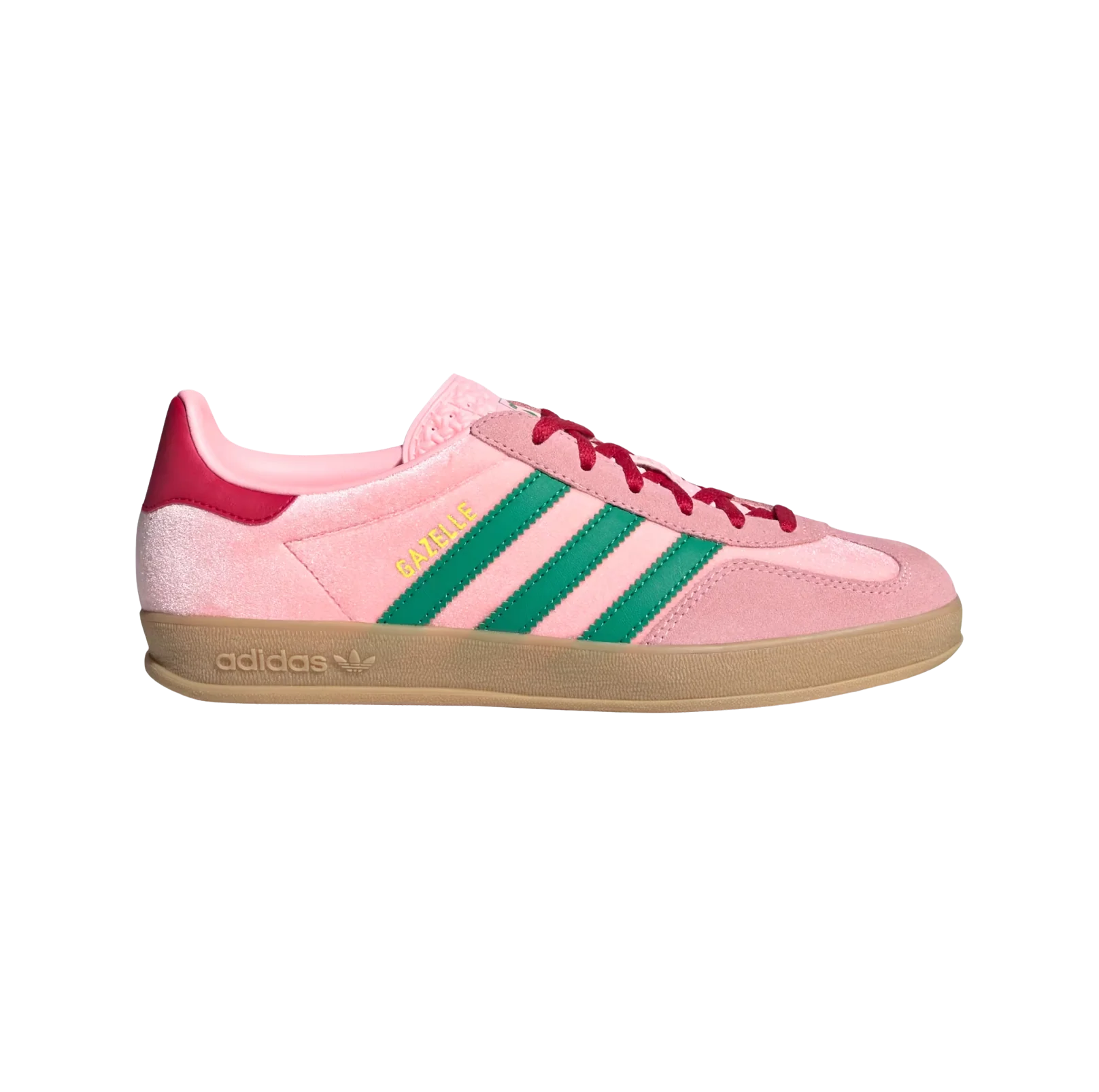 Adidas Gazelle Indoor Glow Pink – Seitenansicht der Retro-Damen-Sneaker aus Velours mit Wildleder-Overlays, Gummisohle und grünen Streifen