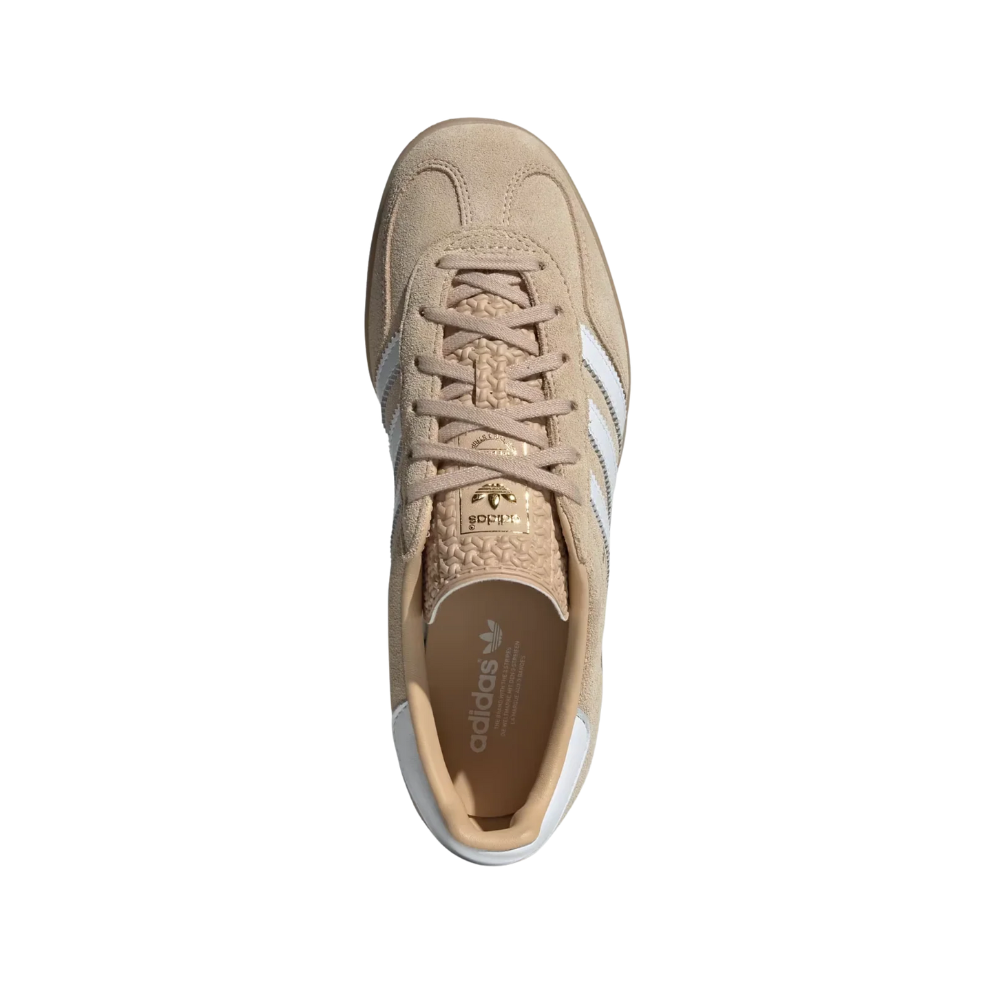 Adidas Gazelle Indoor Magic Beige – Draufsicht der Retro-Damen-Sneaker aus Wildleder in Beige mit Naturgummisohle und weißen Streifen