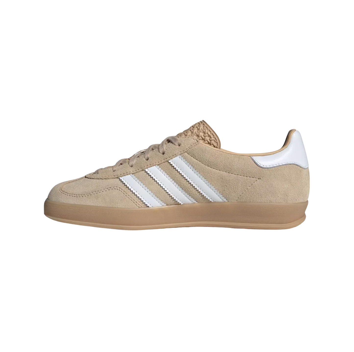 Adidas Gazelle Indoor Magic Beige – gegenüberliegende Seitenansicht der Retro-Damen-Sneaker aus Wildleder in Beige mit Naturgummisohle und weißen Streifen