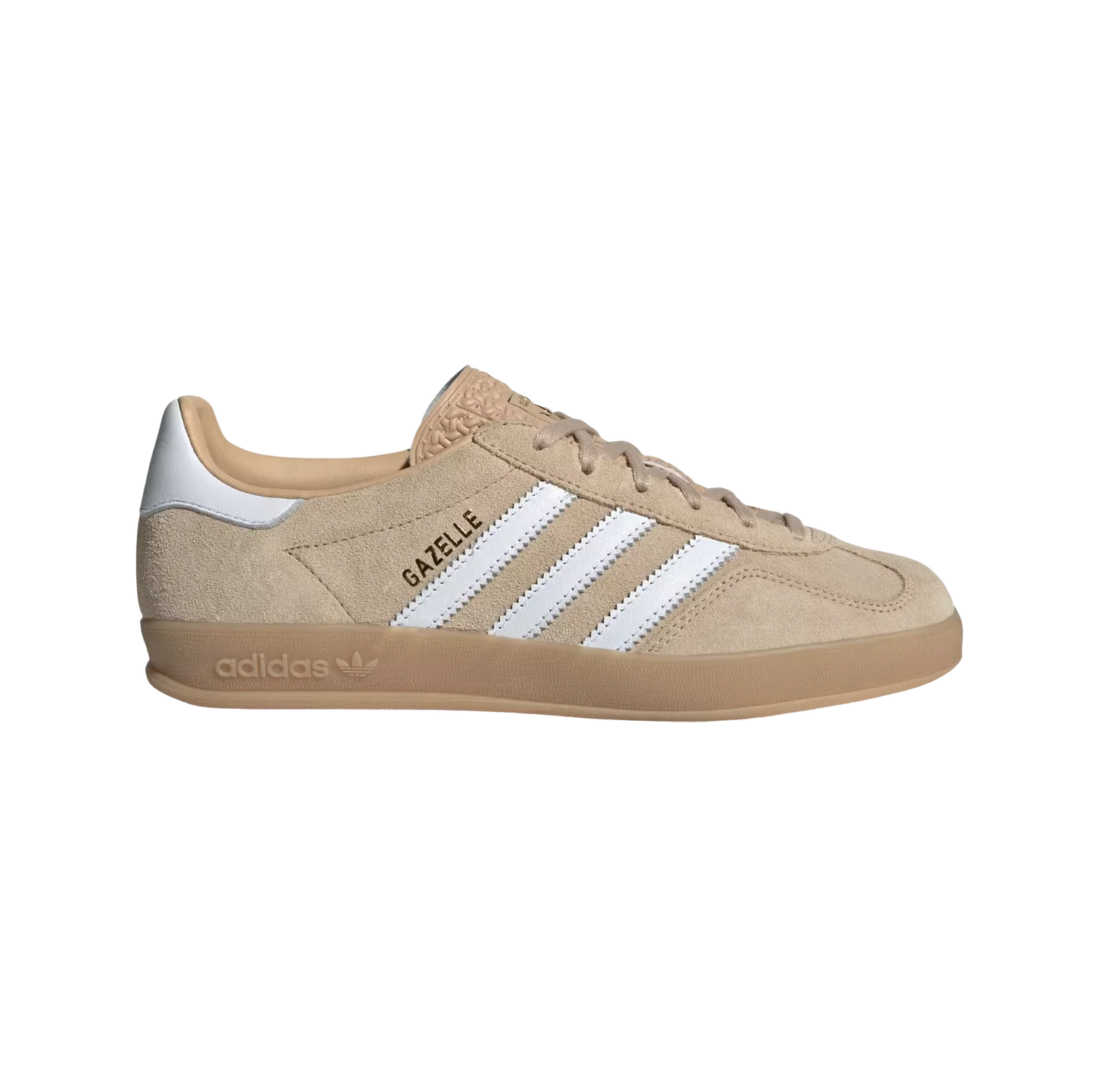Adidas Gazelle Indoor Magic Beige – Seitenansicht der Retro-Damen-Sneaker aus Wildleder in Beige mit Naturgummisohle und weißen Streifen