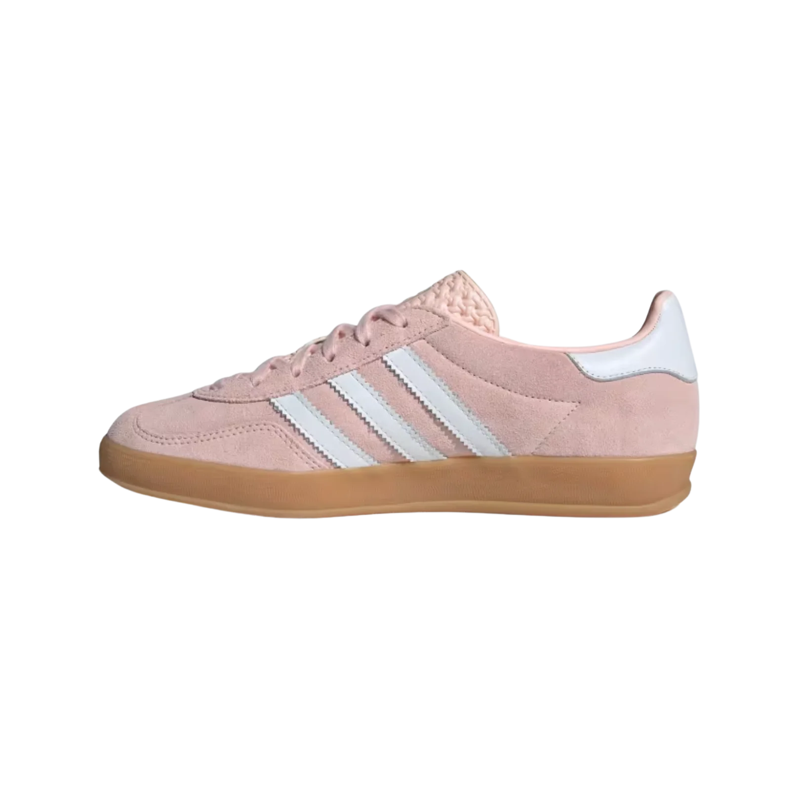 Adidas Gazelle Indoor Sandy Pink – gegenüberliegende Seitenansicht der Damen-Retro-Sneaker aus Wildleder in Rosé mit Naturgummisohle und weißen Streifen