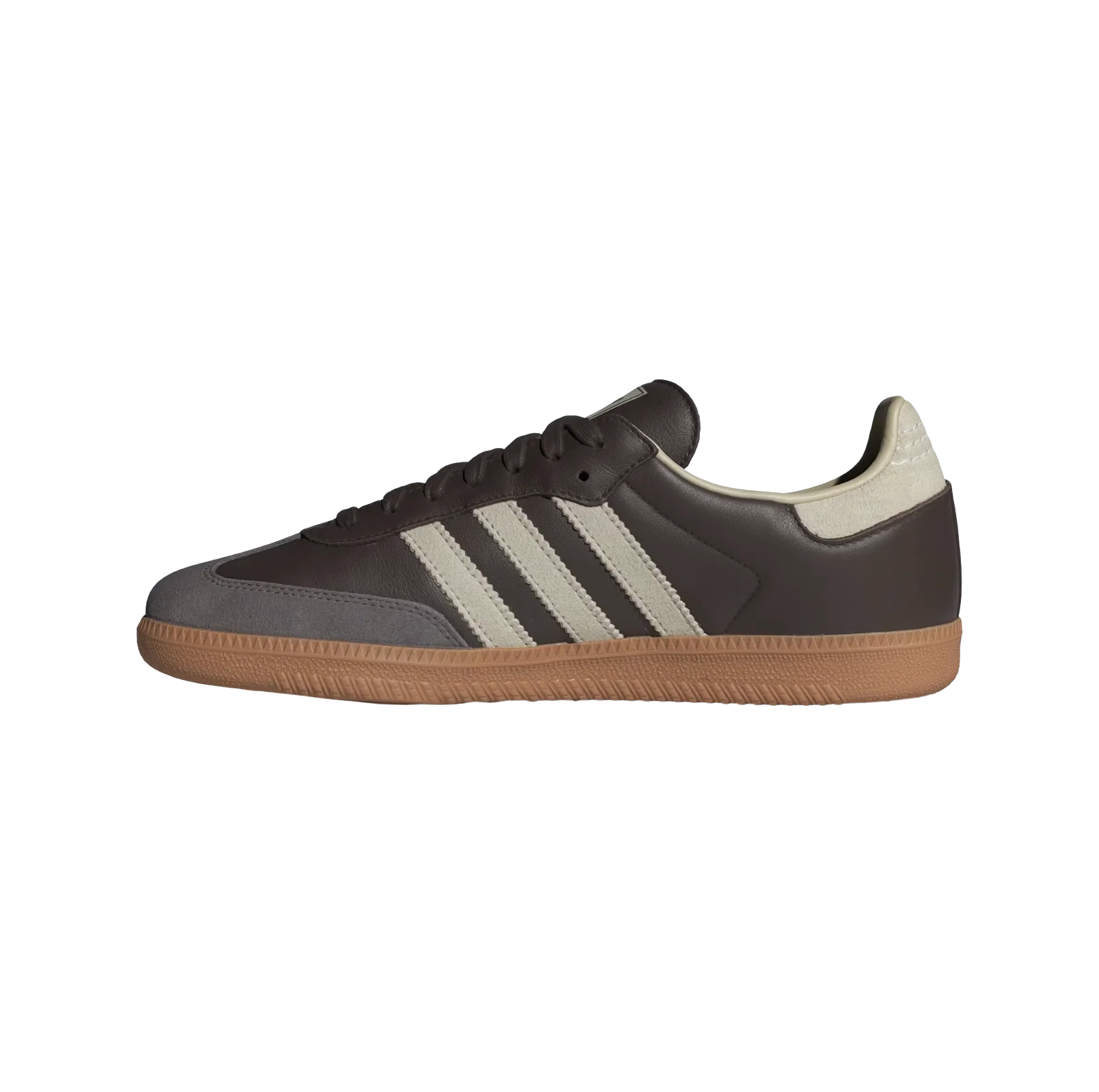 Adidas Samba OG Brown Putty – gegenüberliegende Seitenansicht der Retro-Unisex-Sneaker aus Leder & Wildleder mit Naturgummisohle und grauen Streifen