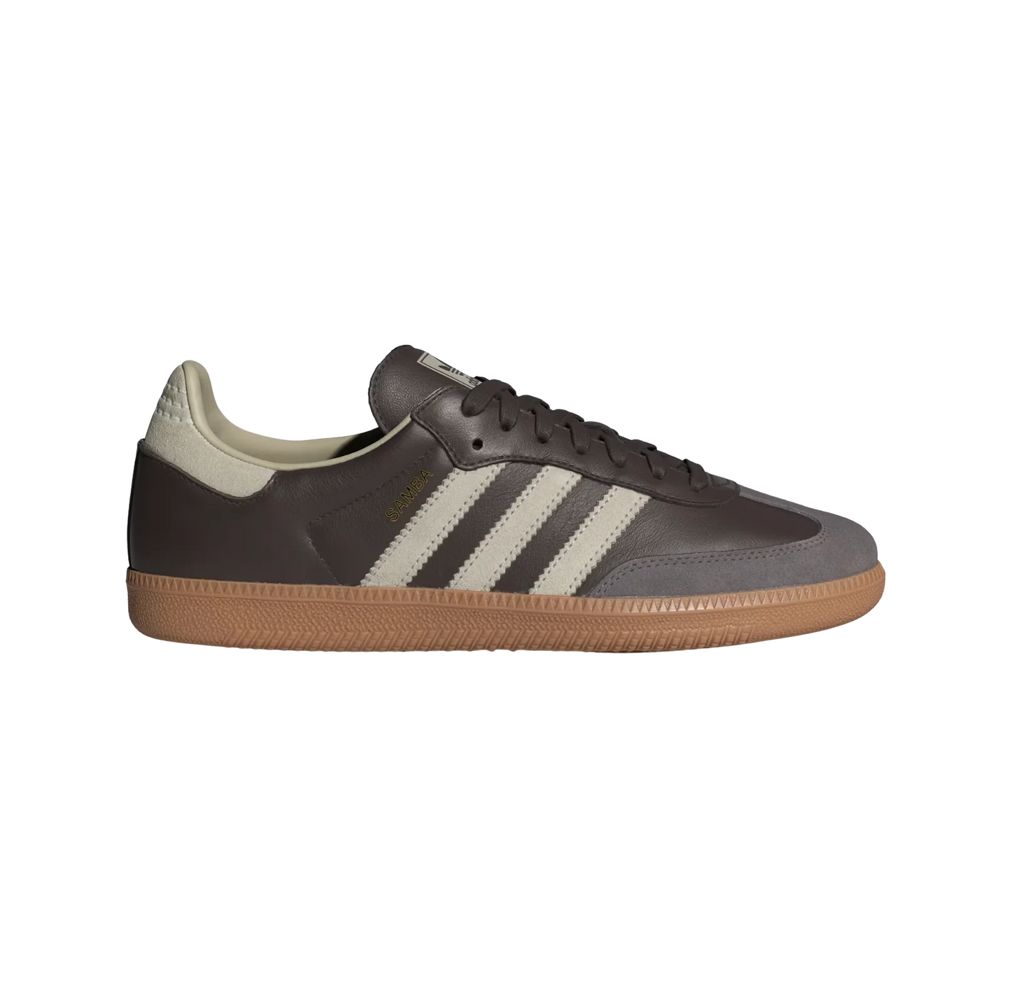 Adidas Samba OG Brown Putty – Seitenansicht der Retro-Unisex-Sneaker aus Leder & Wildleder mit Naturgummisohle und grauen Streifen
