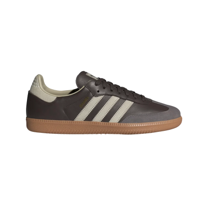 Adidas Samba OG Brown Putty – Seitenansicht der Retro-Unisex-Sneaker aus Leder & Wildleder mit Naturgummisohle und grauen Streifen