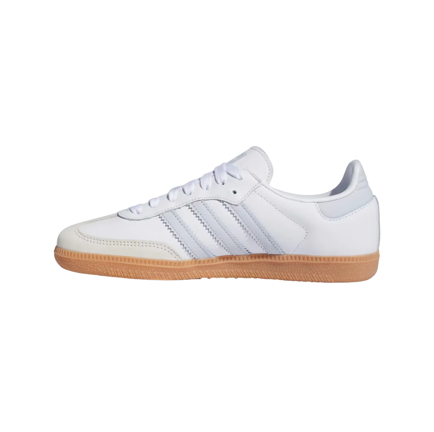 Adidas Samba OG Cloud White – gegenüberliegende Seitenansicht der Retro-Unisex-Sneaker aus Leder mit Gummisohle und hellblauen Details