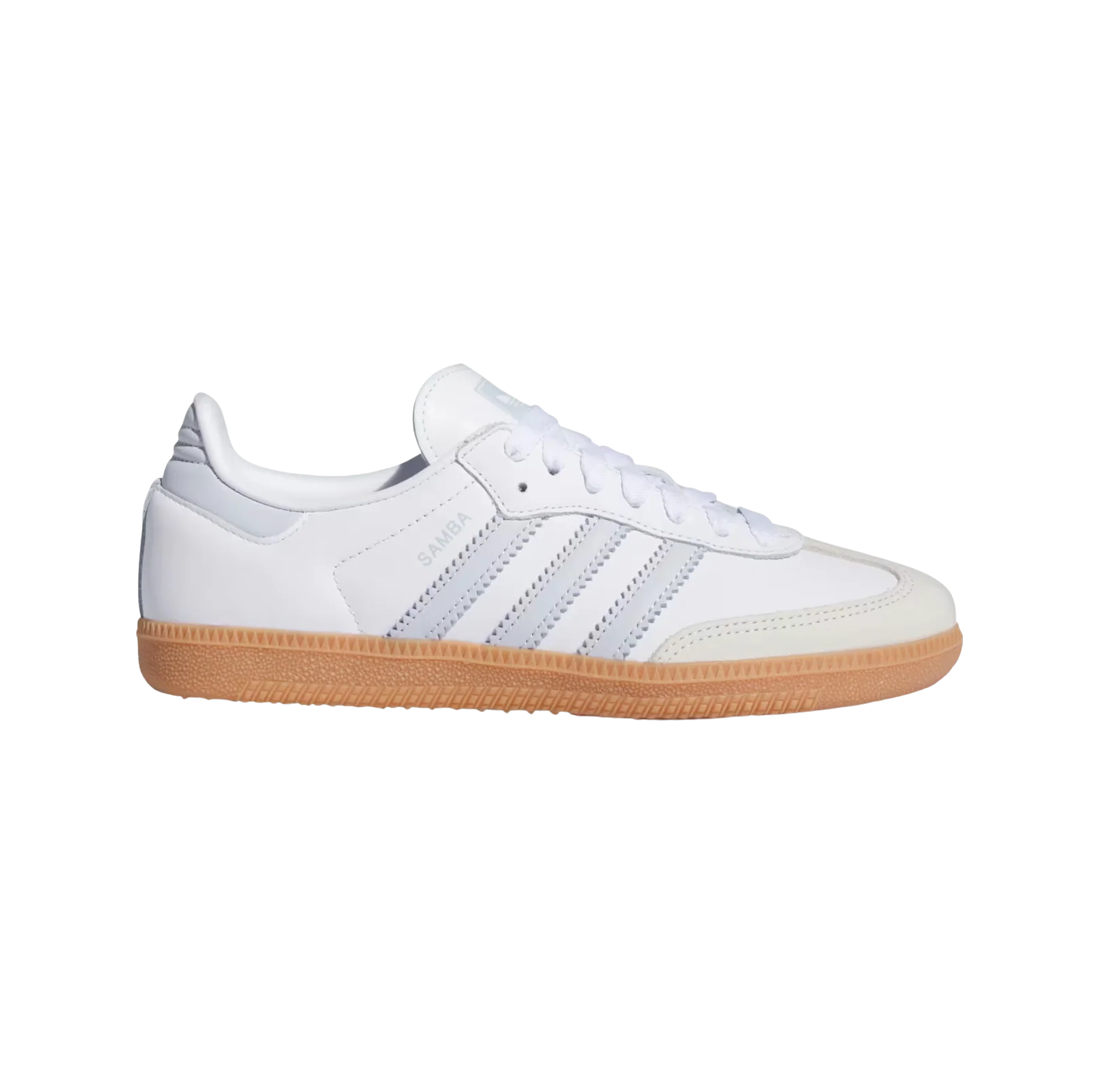 Adidas Samba OG Cloud White – Seitenansicht der Retro-Unisex-Sneaker aus Leder mit Gummisohle und hellblauen Details