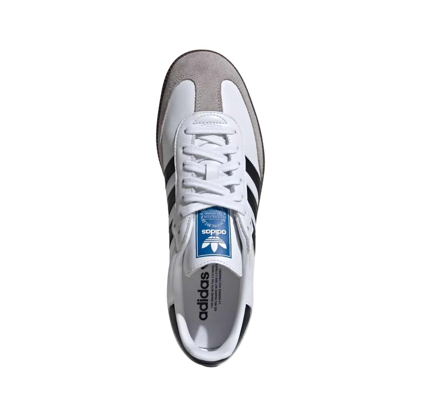 Adidas Samba OG Cloud White – Draufsicht der Retro-Unisex-Sneaker aus Leder & Wildleder in Weiß mit Naturgummi-Sohle und schwarzen Streifen