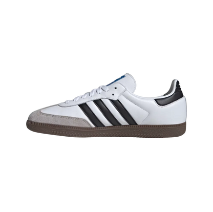 Adidas Samba OG Cloud White – gegenüberliegende Seitenansicht der Retro-Unisex-Sneaker aus Leder & Wildleder in Weiß mit Naturgummi-Sohle und schwarzen Streifen