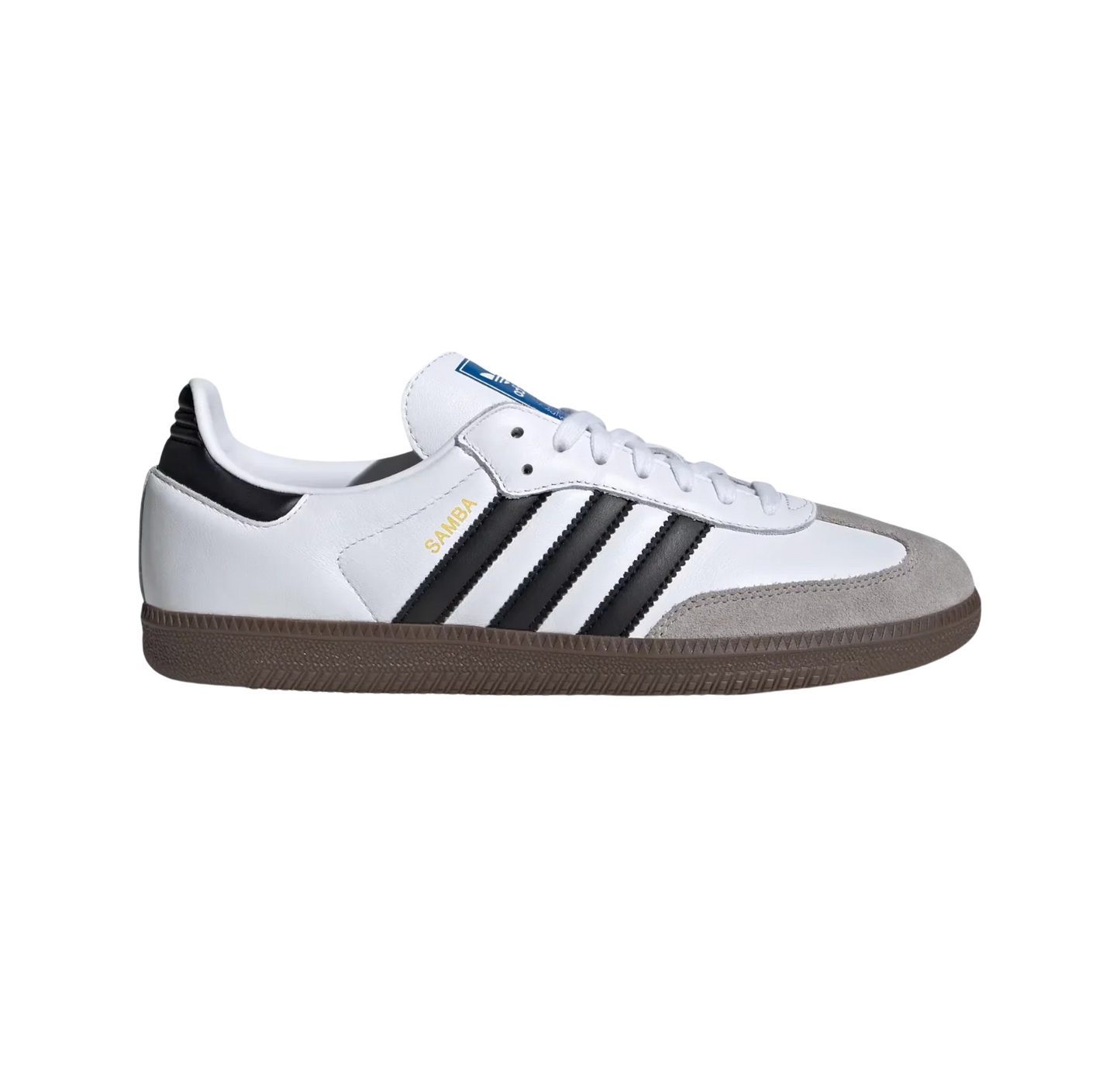 Adidas Samba OG Cloud White – Seitenansicht der Retro-Unisex-Sneaker aus Leder & Wildleder in Weiß mit Naturgummi-Sohle und schwarzen Streifen