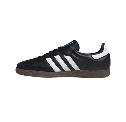Adidas Samba OG Core Black – gegenüberliegende Seitenansicht der Retro-Unisex-Sneaker aus vollnarbigem Leder mit Naturgummisohle und weißen Streifen
