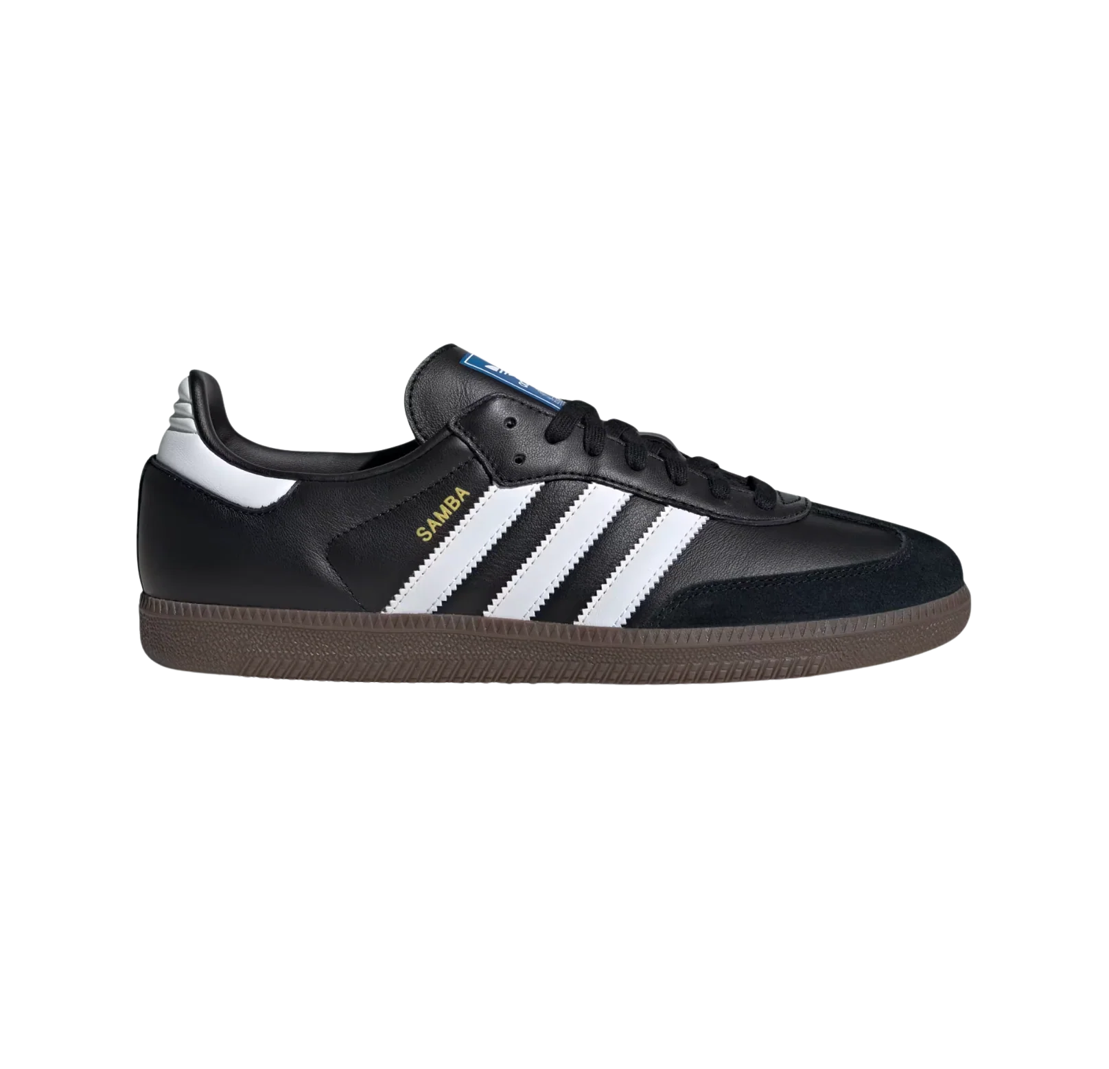 Adidas Samba OG Core Black – Seitenansicht der Retro-Unisex-Sneaker aus vollnarbigem Leder mit Naturgummisohle und weißen Streifen