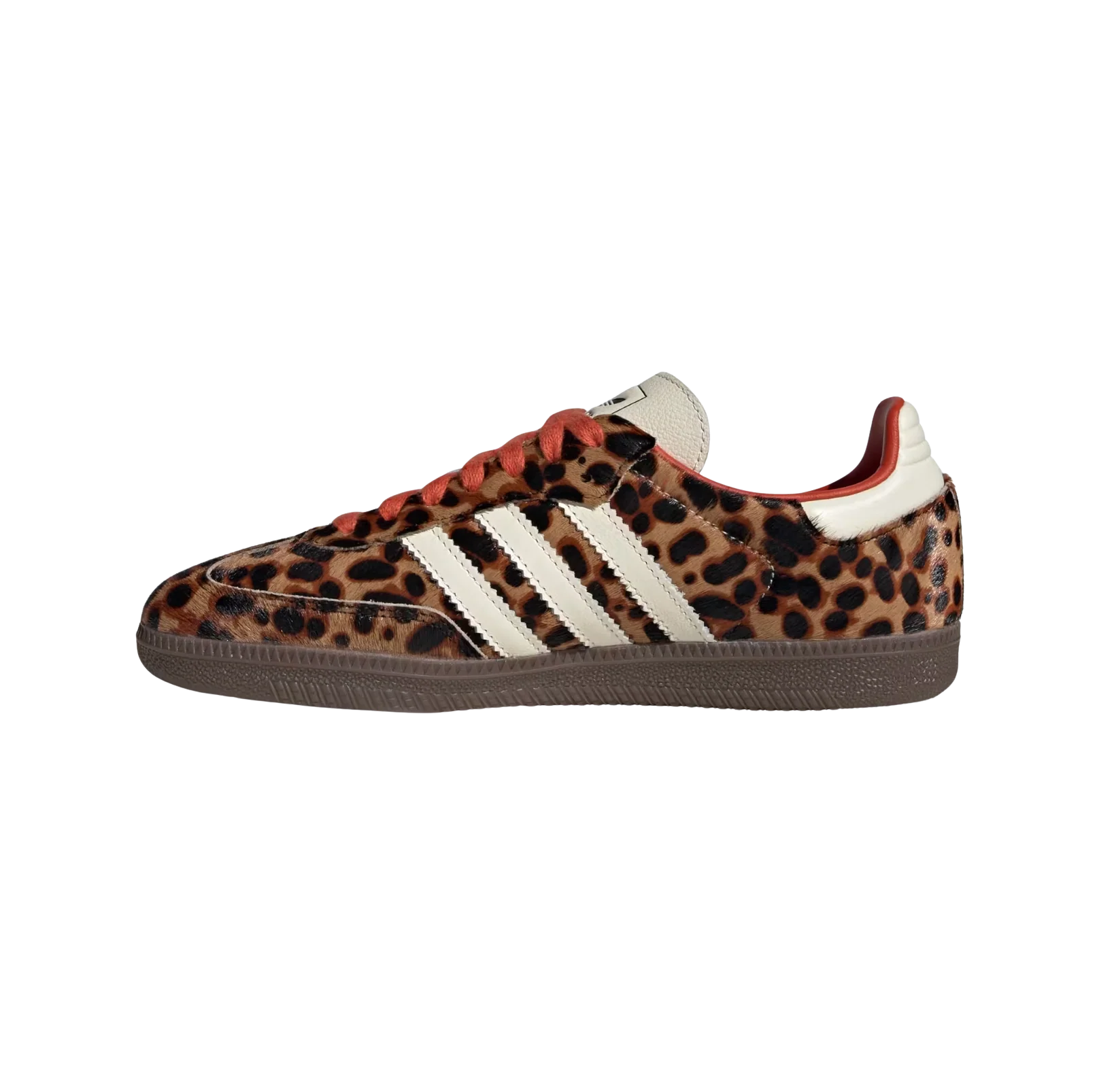 Adidas Samba OG Leopard – gegenüberliegende Seitenansicht der Retro-Damen-Sneaker aus Pony Hair mit Leoparden-Print und Gummisohle