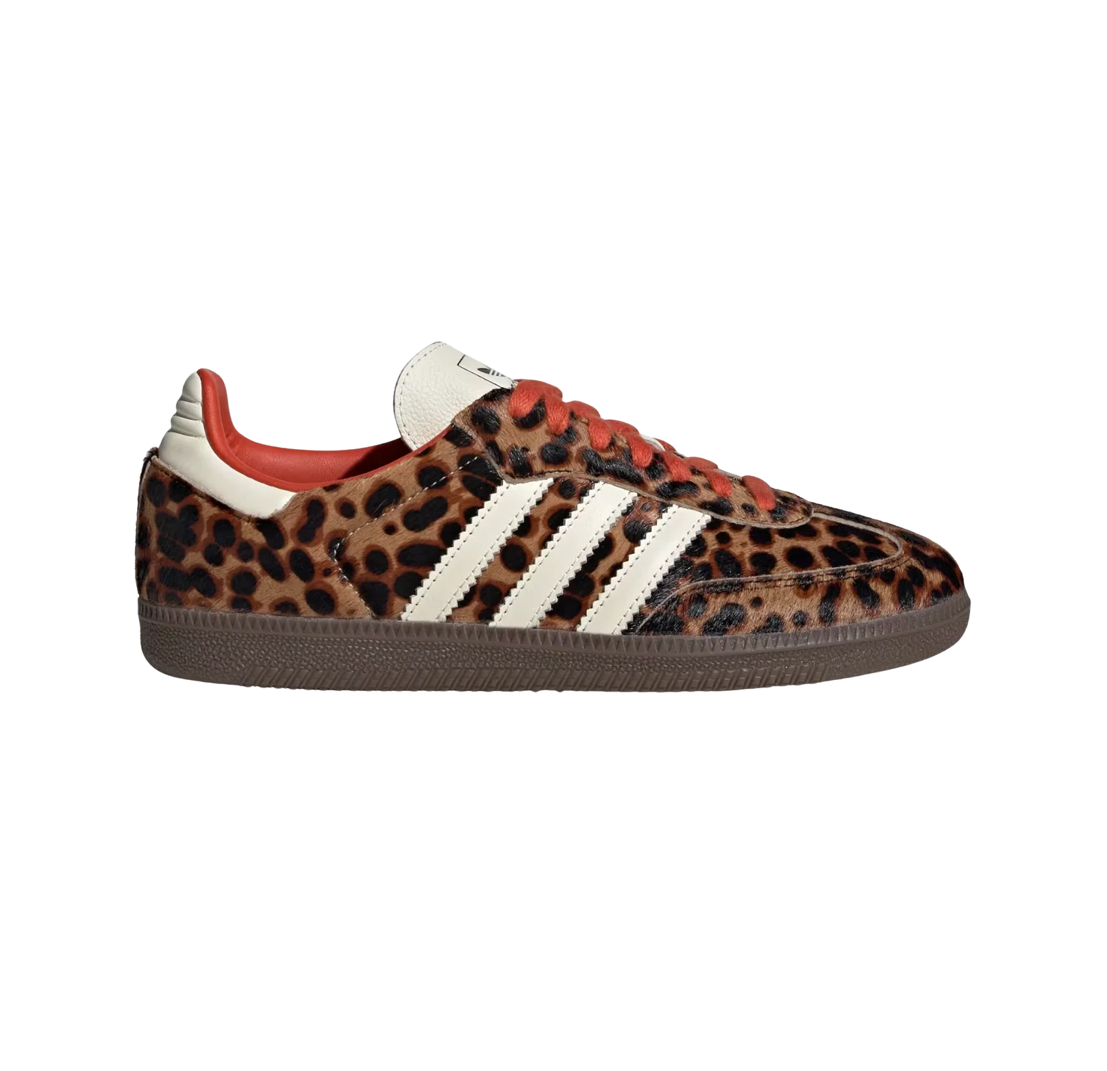 Adidas Samba OG Leopard – Seitenansicht der Retro-Damen-Sneaker aus Pony Hair mit Leoparden-Print und Gummisohle