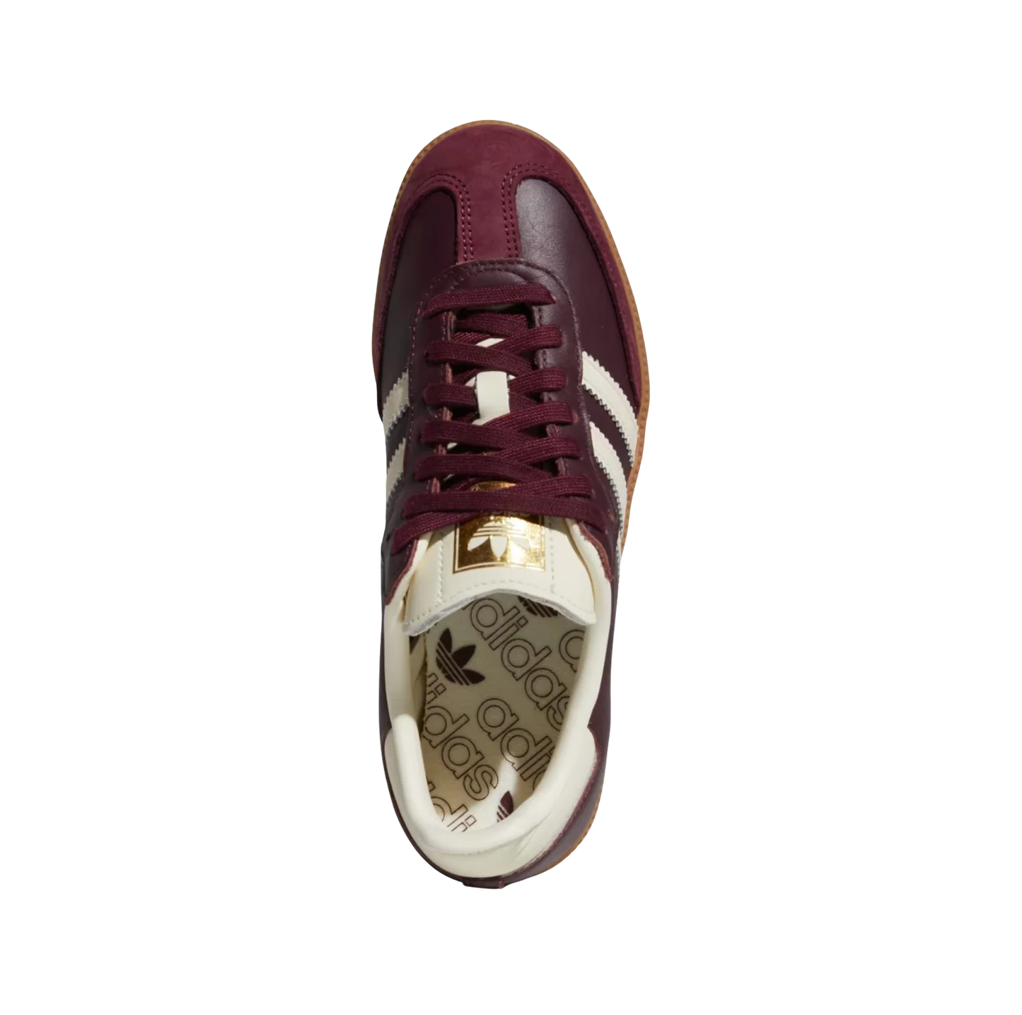 Adidas Samba OG Maroon – Draufsicht der Retro-Unisex-Sneaker aus Leder & Wildleder mit Gummisohle und cremefarbenen Streifen