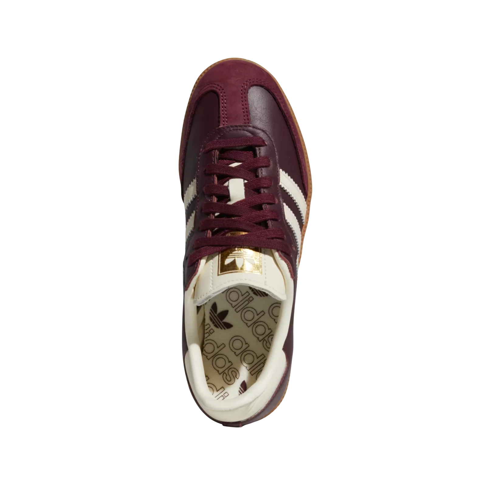 Adidas Samba OG Maroon – Draufsicht der Retro-Unisex-Sneaker aus Leder & Wildleder mit Gummisohle und cremefarbenen Streifen