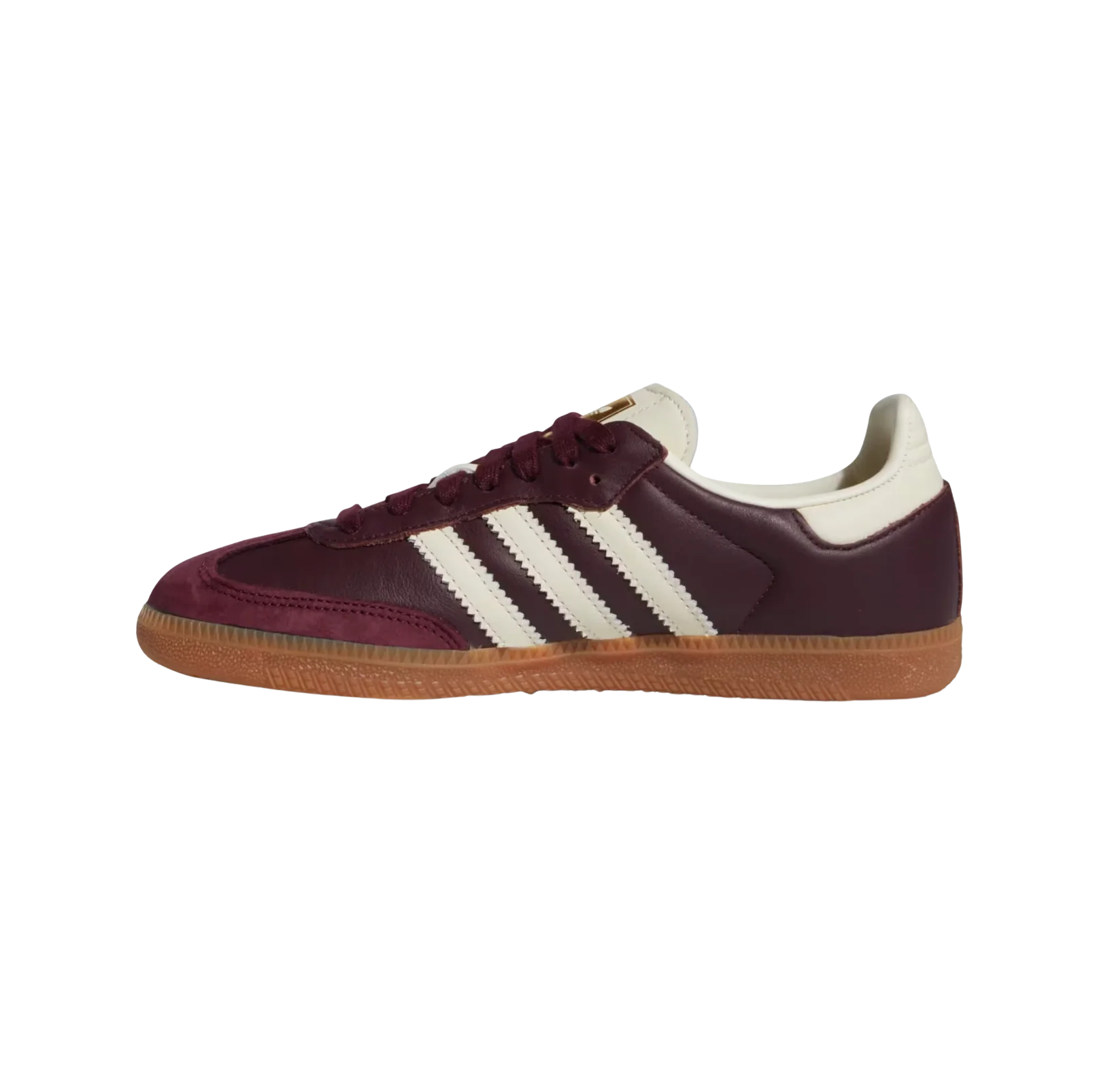 Adidas Samba OG Maroon – gegenüberliegende Seitenansicht der Retro-Unisex-Sneaker aus Leder & Wildleder mit Gummisohle und cremefarbenen Streifen