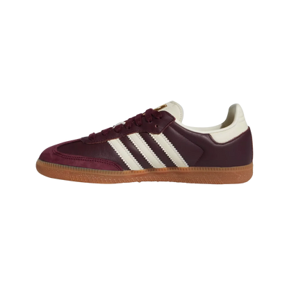 Adidas Samba OG Maroon – gegenüberliegende Seitenansicht der Retro-Unisex-Sneaker aus Leder & Wildleder mit Gummisohle und cremefarbenen Streifen
