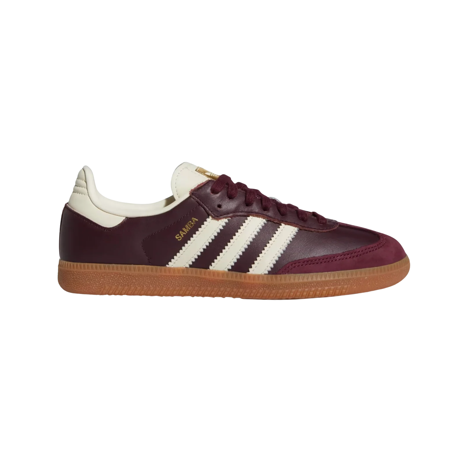 Adidas Samba OG Maroon – Seitenansicht der Retro-Unisex-Sneaker aus Leder & Wildleder mit Gummisohle und cremefarbenen Streifen