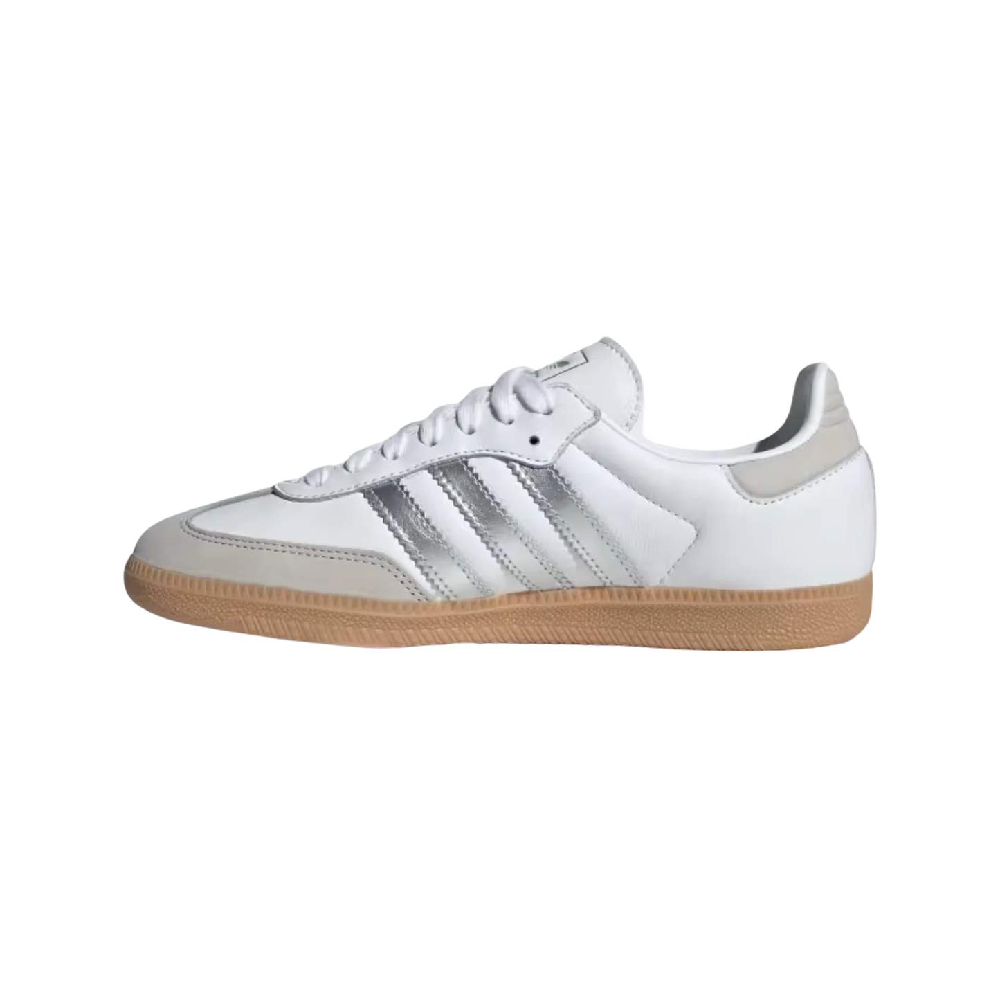 Adidas Samba OG White Silver – gegenüberliegende Seitenansicht der Retro-Damen-Sneaker aus Leder & Wildleder in Weiß mit Gummisohle und silbernen Details