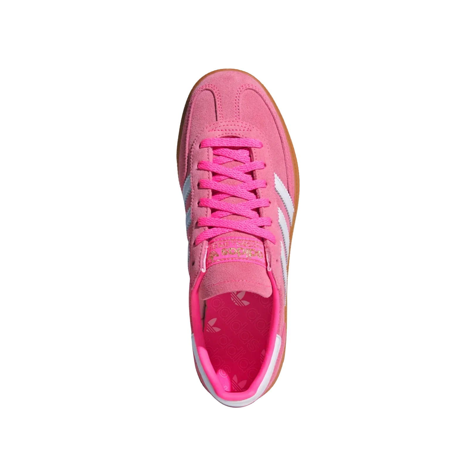 Adidas Spezial Lucid Pink – Draufsicht der Retro-Damen-Sneaker aus Wildleder mit Gummisohle und weißen Streifen